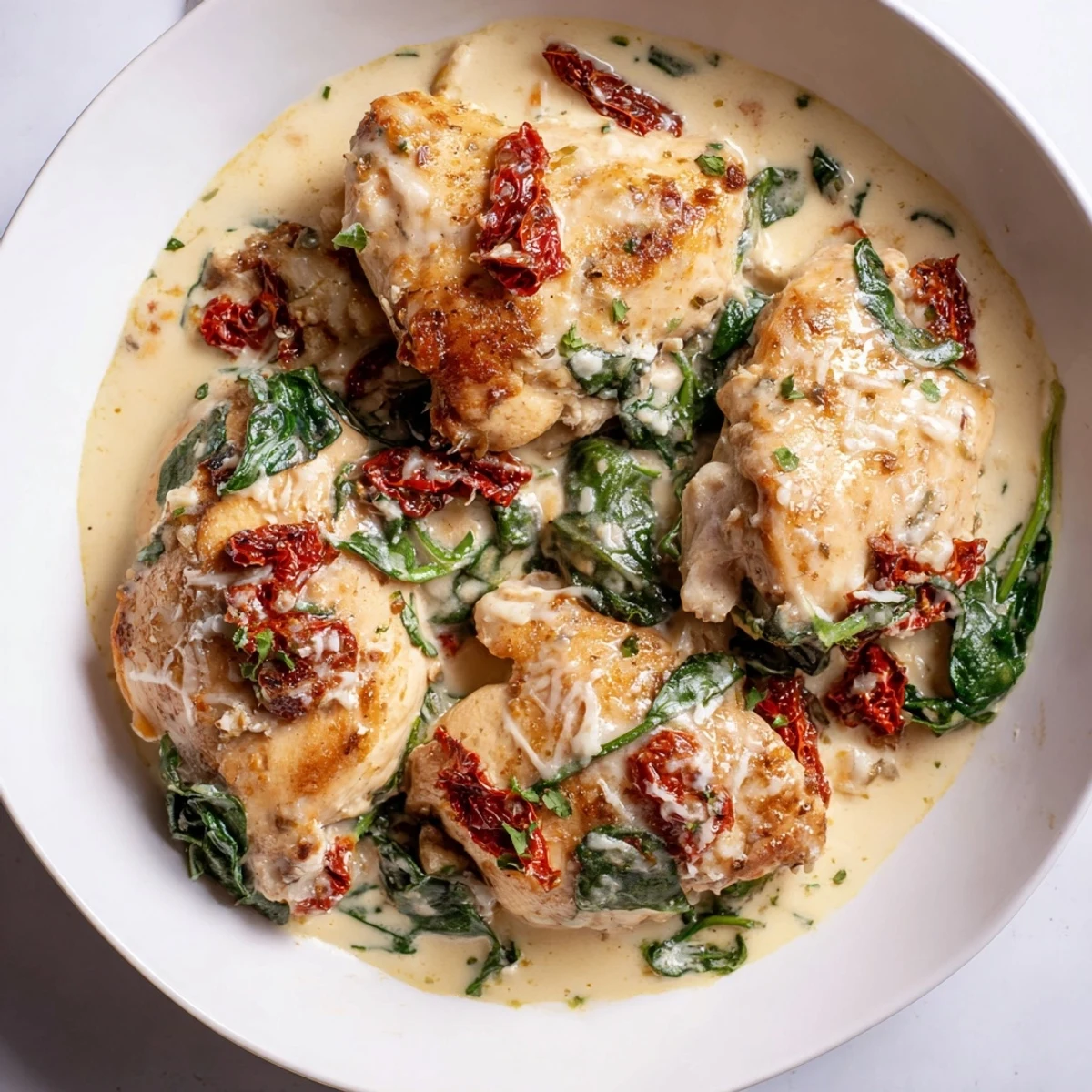 Golden-brown Creamy Tuscan Chicken in a skillet, swimming in rich cream sauce with spinach and tomatoes.