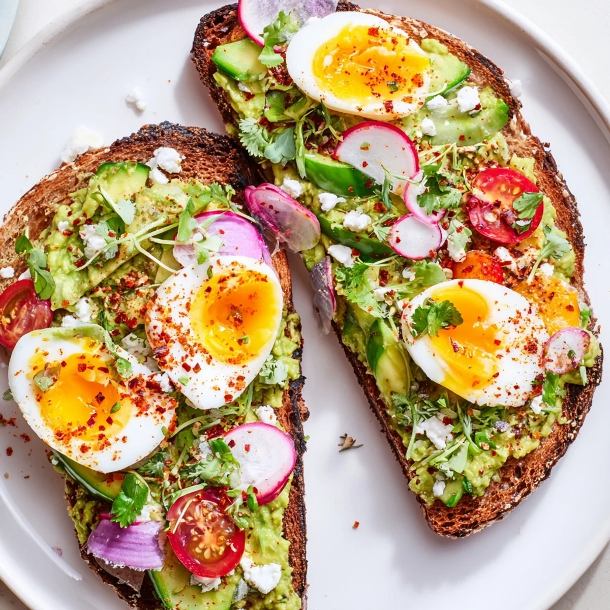 Creamy avocado toast, loaded with colorful veggies, flavorful feta, and a perfectly cooked egg.