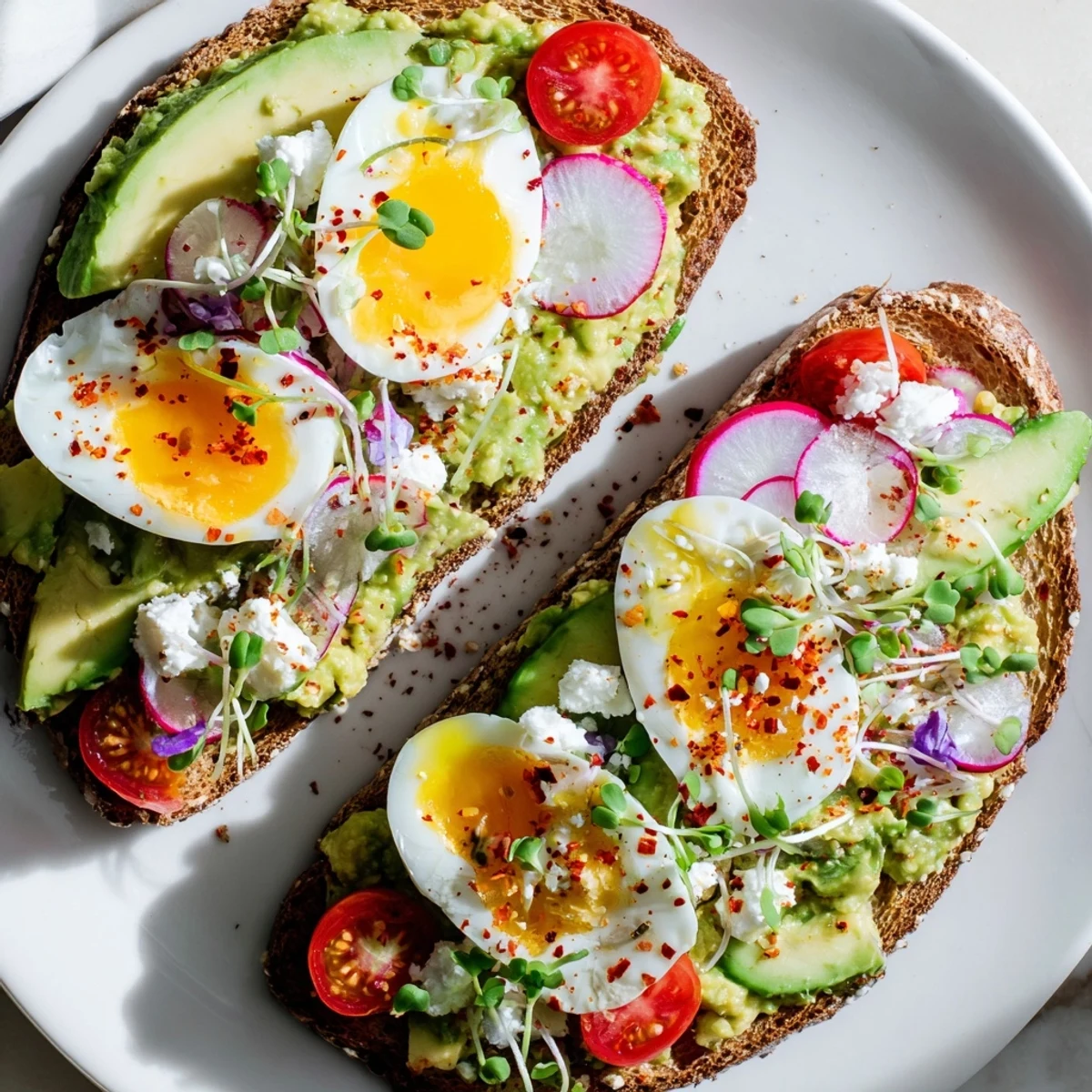 Golden toasted bread piled high with loaded avocado toast, featuring fresh toppings and a soft egg.