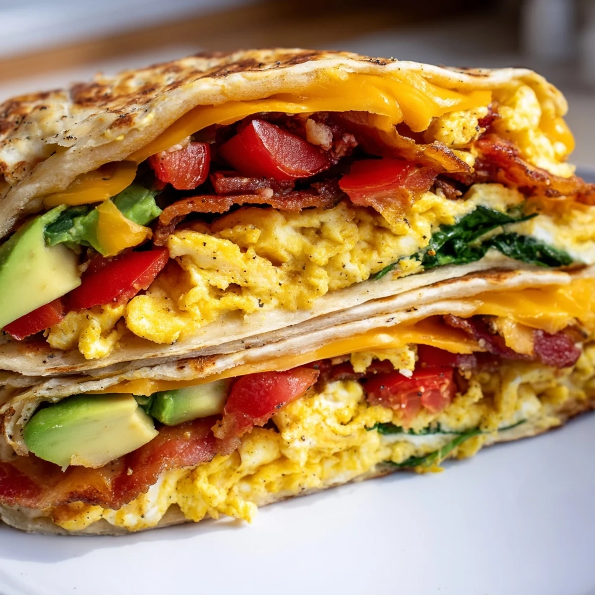 Crispy breakfast wrap picture: a golden, folded tortilla revealing savory bacon, eggs, cheese, and fresh veggies.