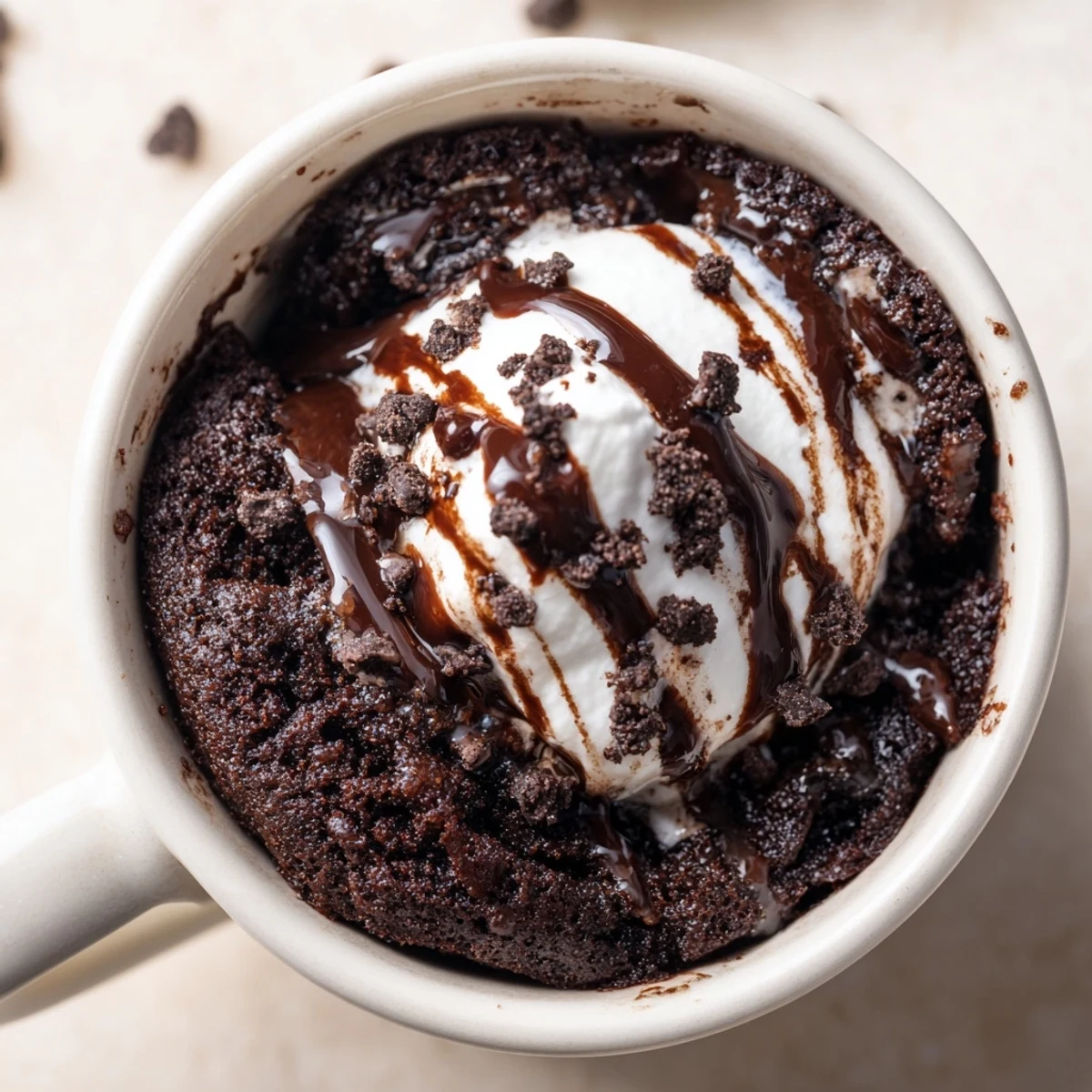 Steaming hot Oreo mug cake, a delightful dessert with chocolate chips and whipped cream.