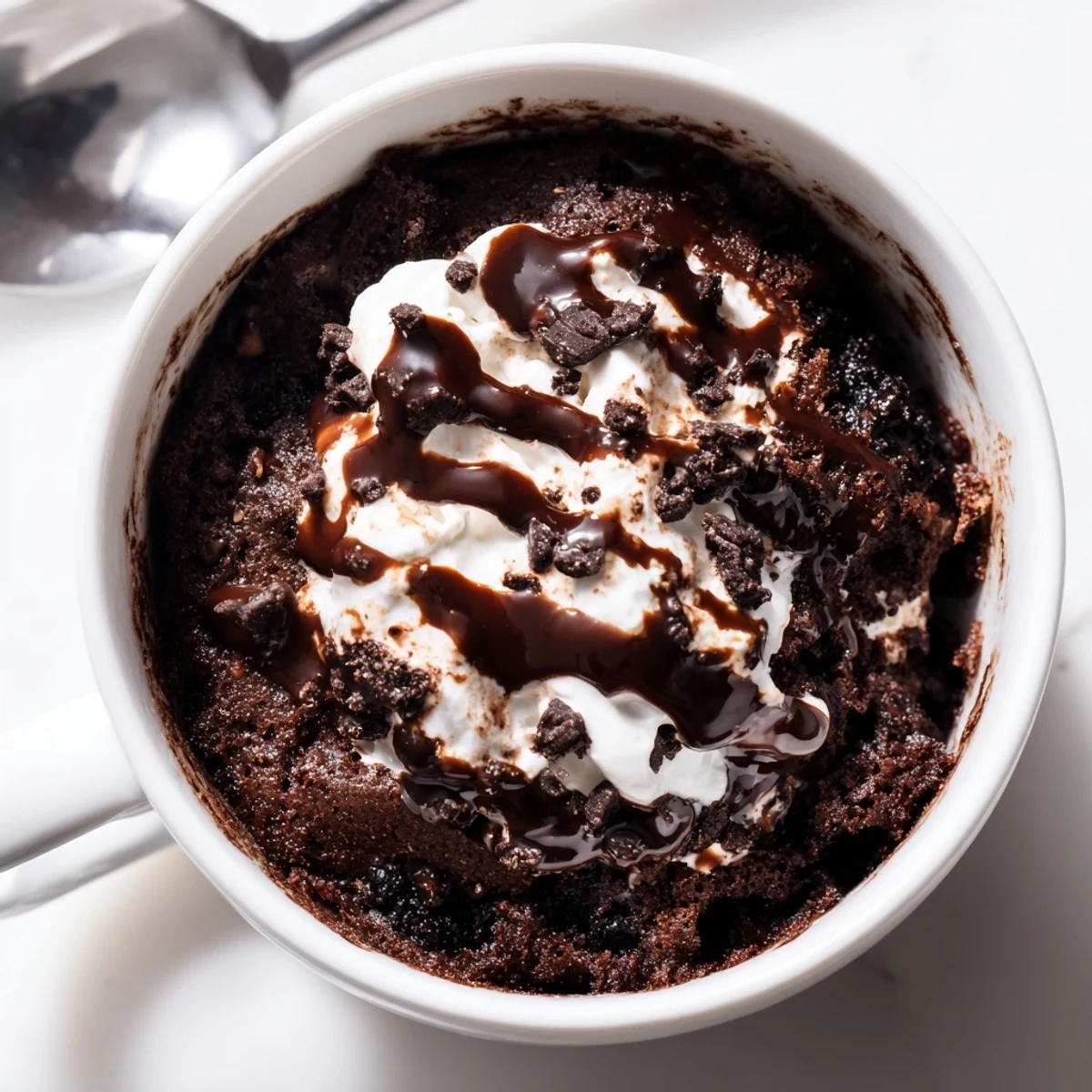 Fluffy, single-serve Oreo mug cake, ready in minutes, with a rich chocolate and cookie aroma.
