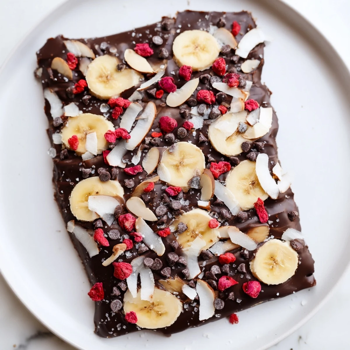 A close-up of finished Chocolate Banana Bark: layers of banana, chocolate, almonds, and coconut.