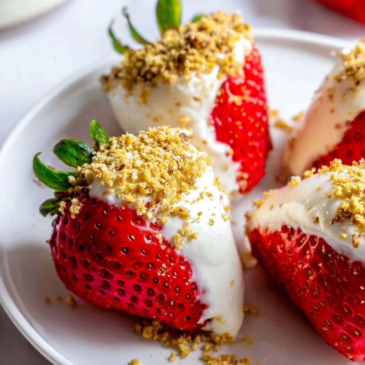 Fresh, juicy Cheesecake Stuffed Strawberries, offering a delightful creamy filling with crunchy graham cracker topping.