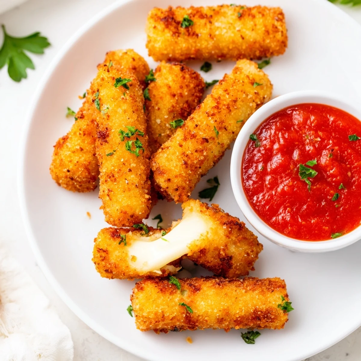 Crispy air fryer mozzarella sticks, a quick and satisfying snack, served with a flavorful marinara for dipping pleasure.