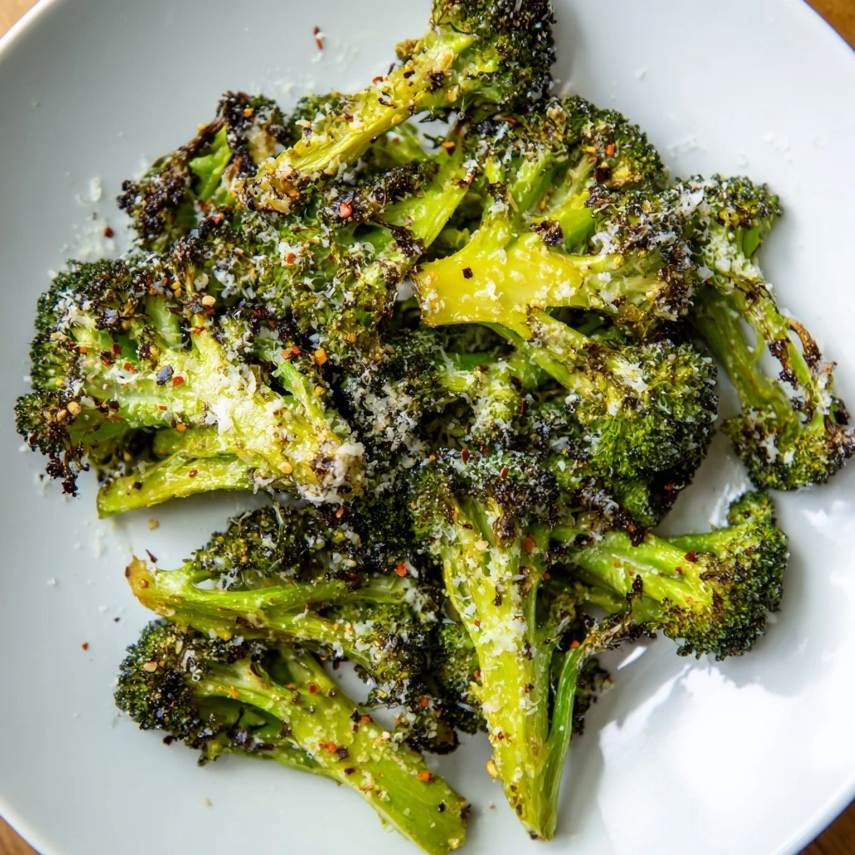 Bright green, tender Garlic Parmesan Roasted Broccoli, a delicious vegetarian side dish perfect for sharing.