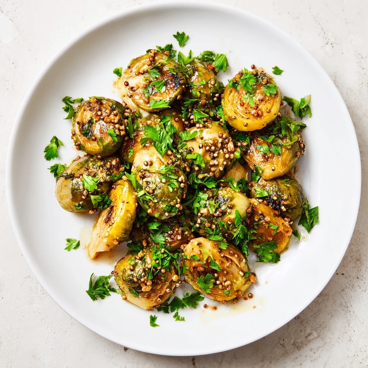 Golden, caramelized Honey Mustard Glazed Brussels Sprouts sit ready to serve, a flavorful side dish.