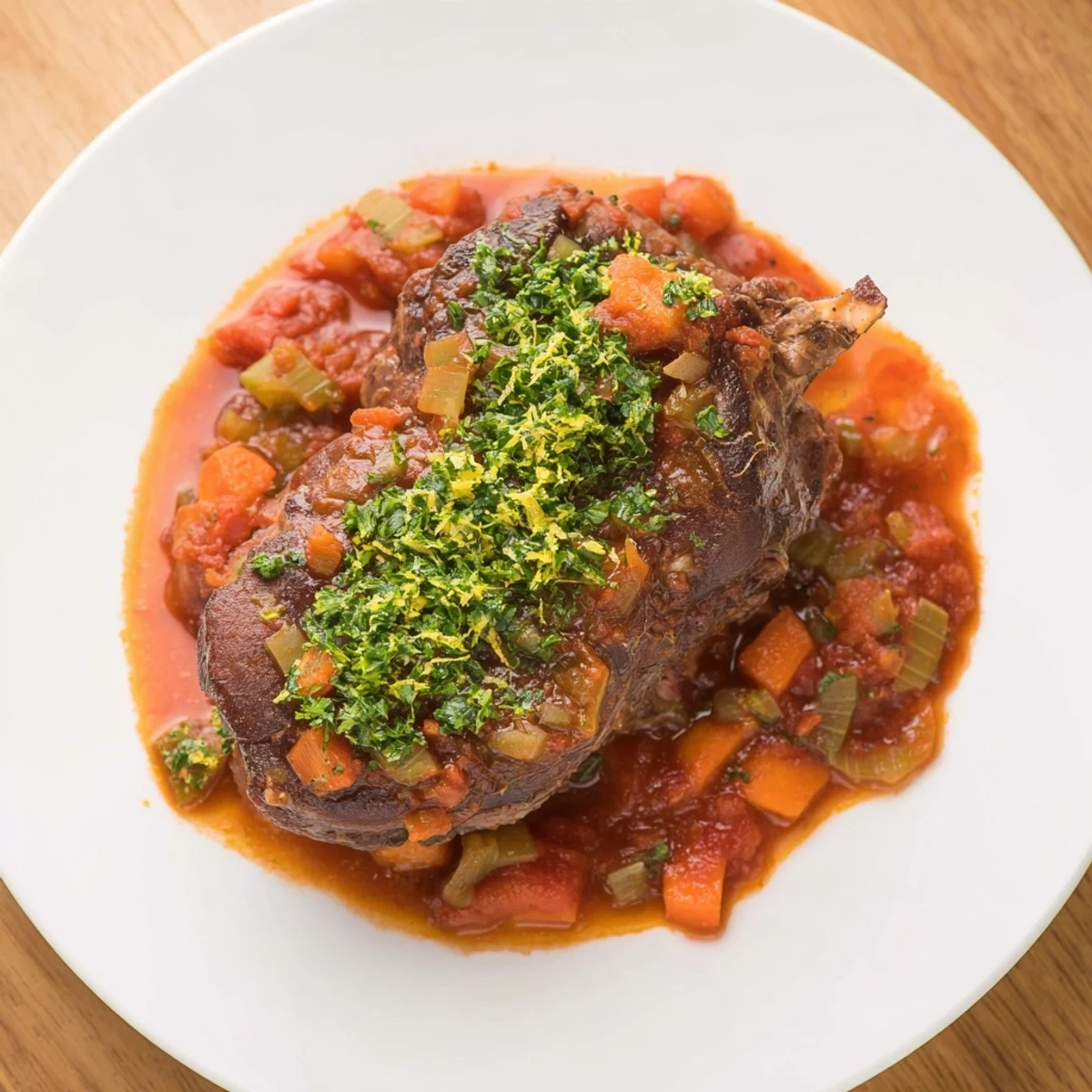 Tender Osso Buco served with vibrant gremolata, imagine the savory braised veal.