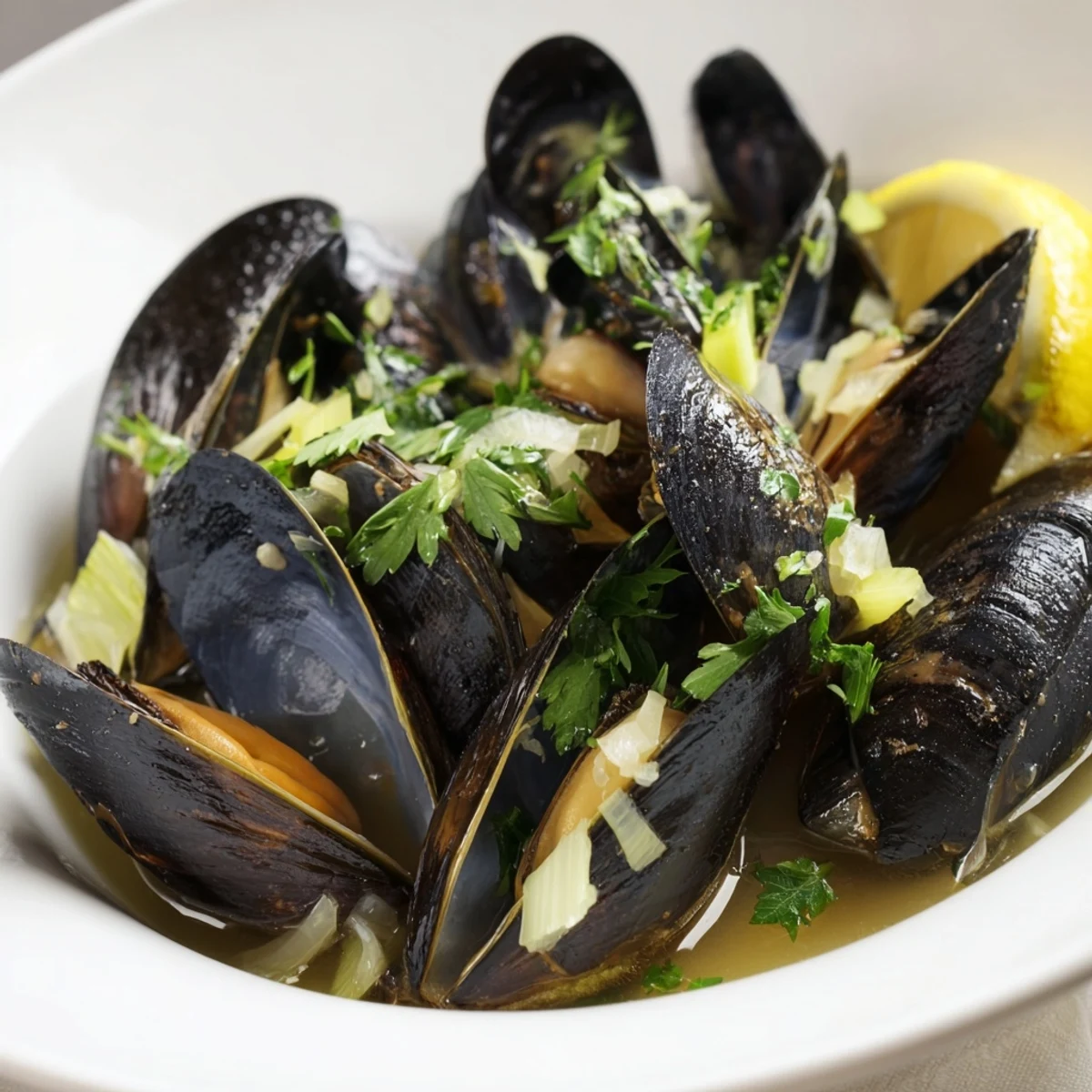 A close-up of delicious Belgian Moules Marinière, showcasing the savory broth and tender mussels.