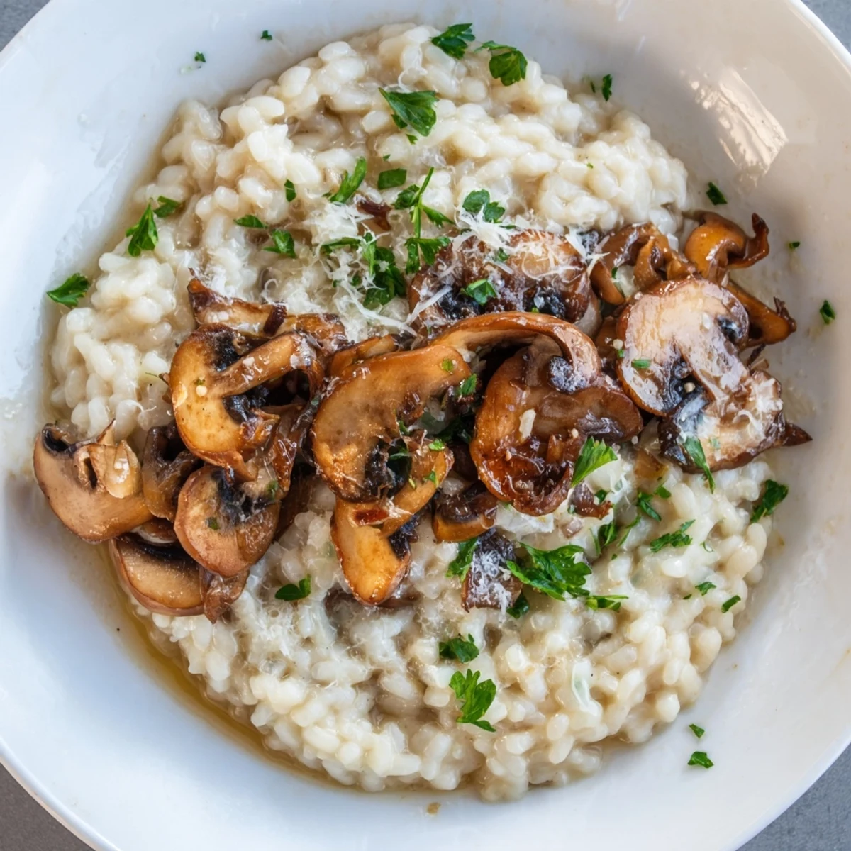 Golden-brown sautéed wild mushrooms in a delicious Italian Mushroom Risotto creation.