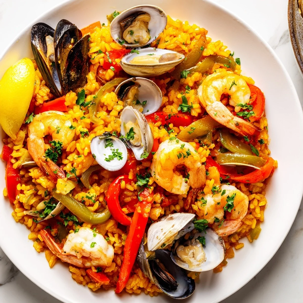 Steaming Spanish Seafood Paella with colorful peppers and plump shrimp, a delicious meal.