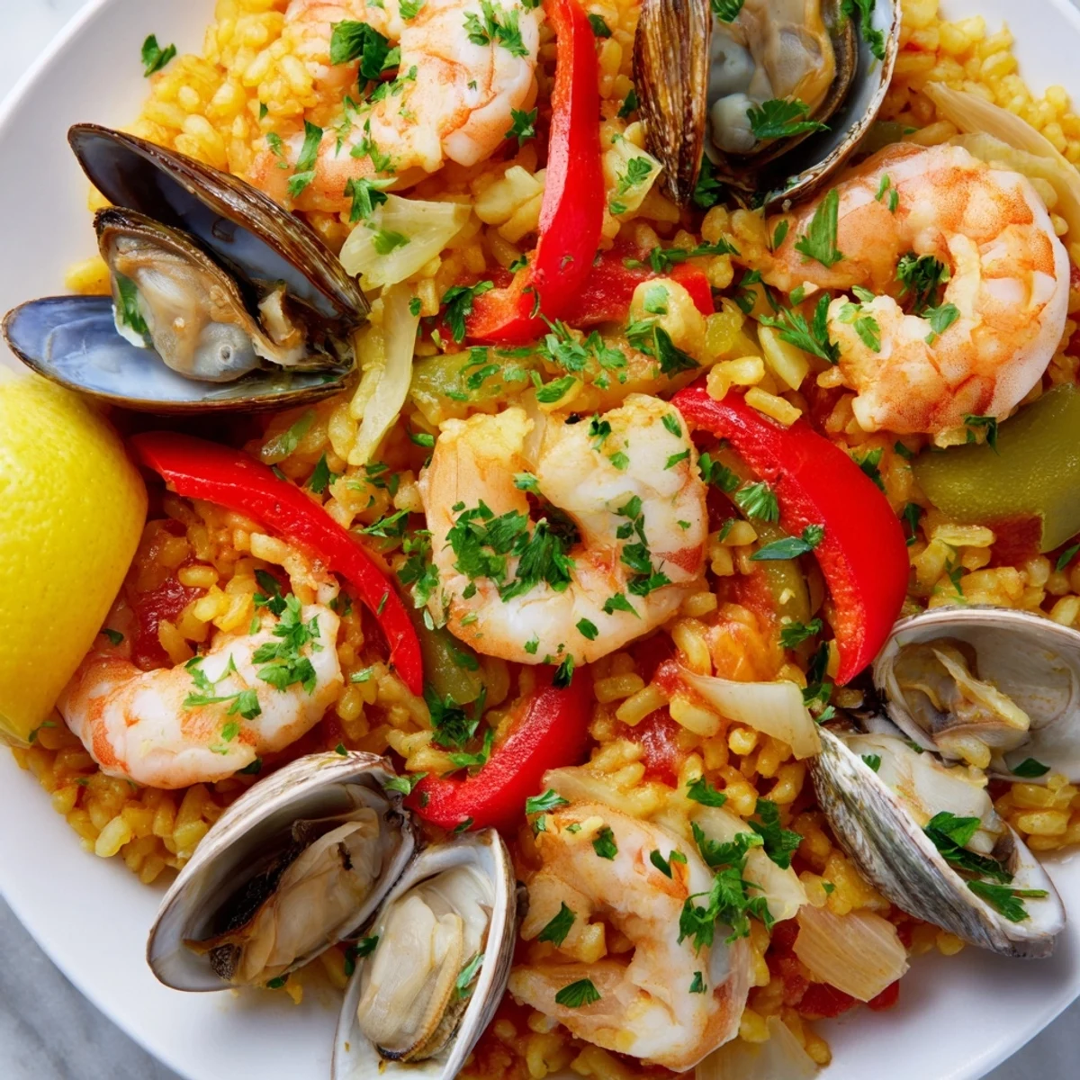 A close-up of golden Spanish Seafood Paella, richly flavored rice with mussels and clams.