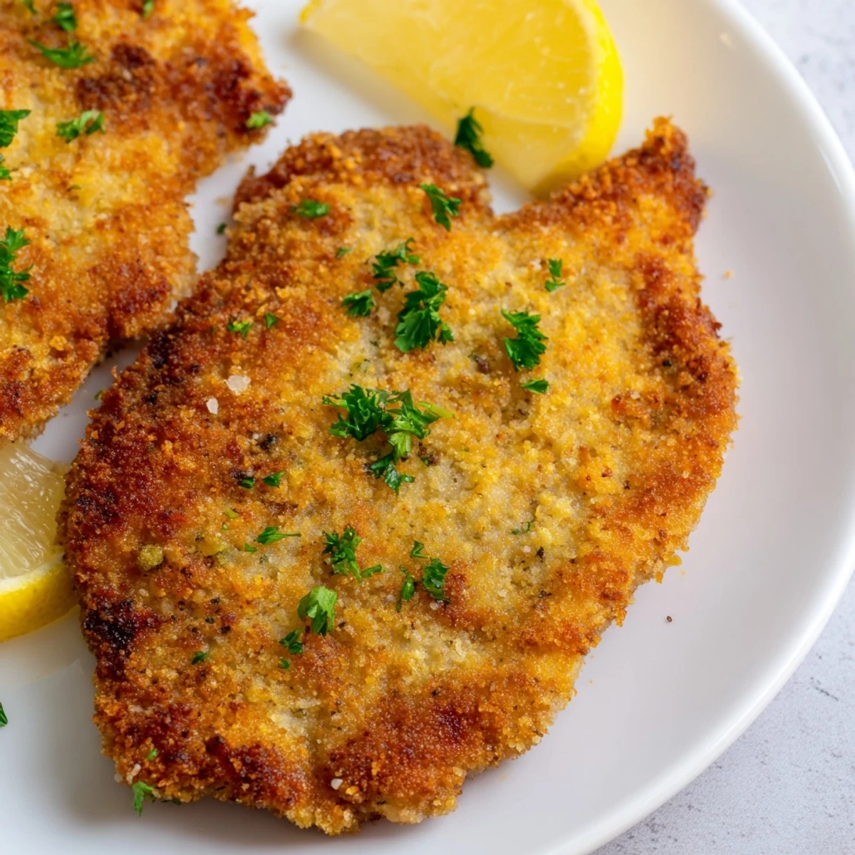 Imagine the satisfying crunch! A beautifully prepared Austrian Wiener Schnitzel, ready for serving with fresh parsley.