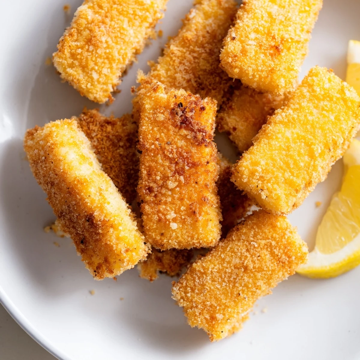 Close-up of golden-brown, flavorful crispy panko halloumi, served with bright lemon wedges and spicy dipping sauce.