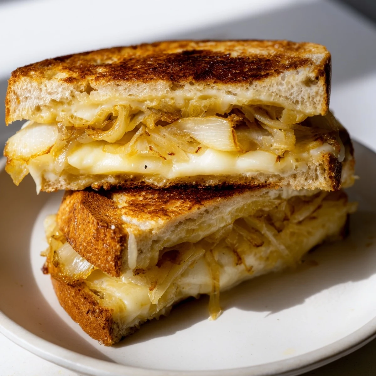 Golden brown Crispy Onion Grilled Cheese sandwich oozing with melted cheese, ready to be devoured.
