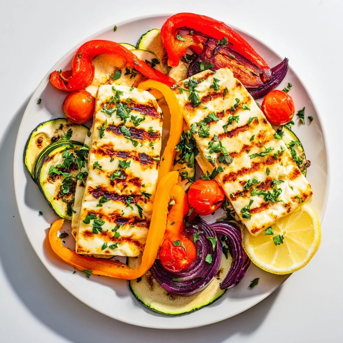 Golden-brown Grilled Halloumi Cheese Steak, bursting with grilled vegetables, ready to serve with fresh parsley.