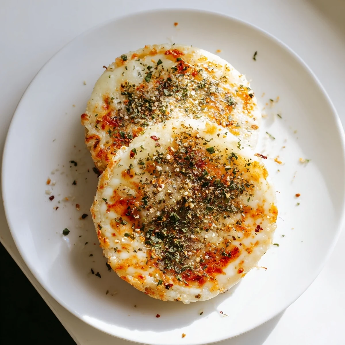 Golden, crispy edges of Crispy Rice Cake Cheese Stacks topped with melted mozzarella and parmesan.