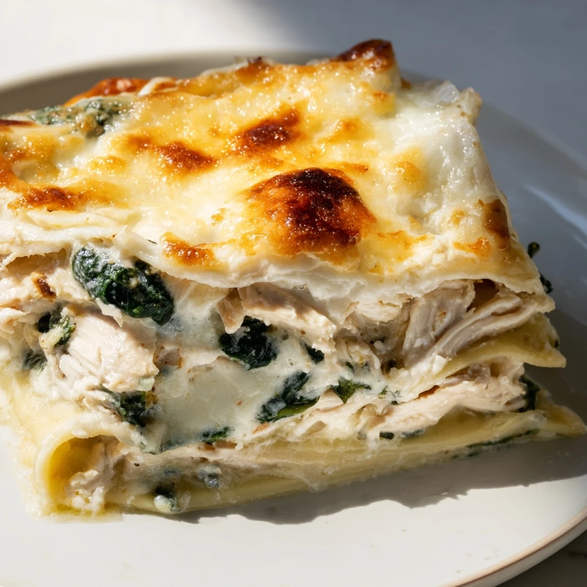 A slice of Chicken Alfredo Lasagna rests on a white plate, garnished with fresh parsley and ready to serve.