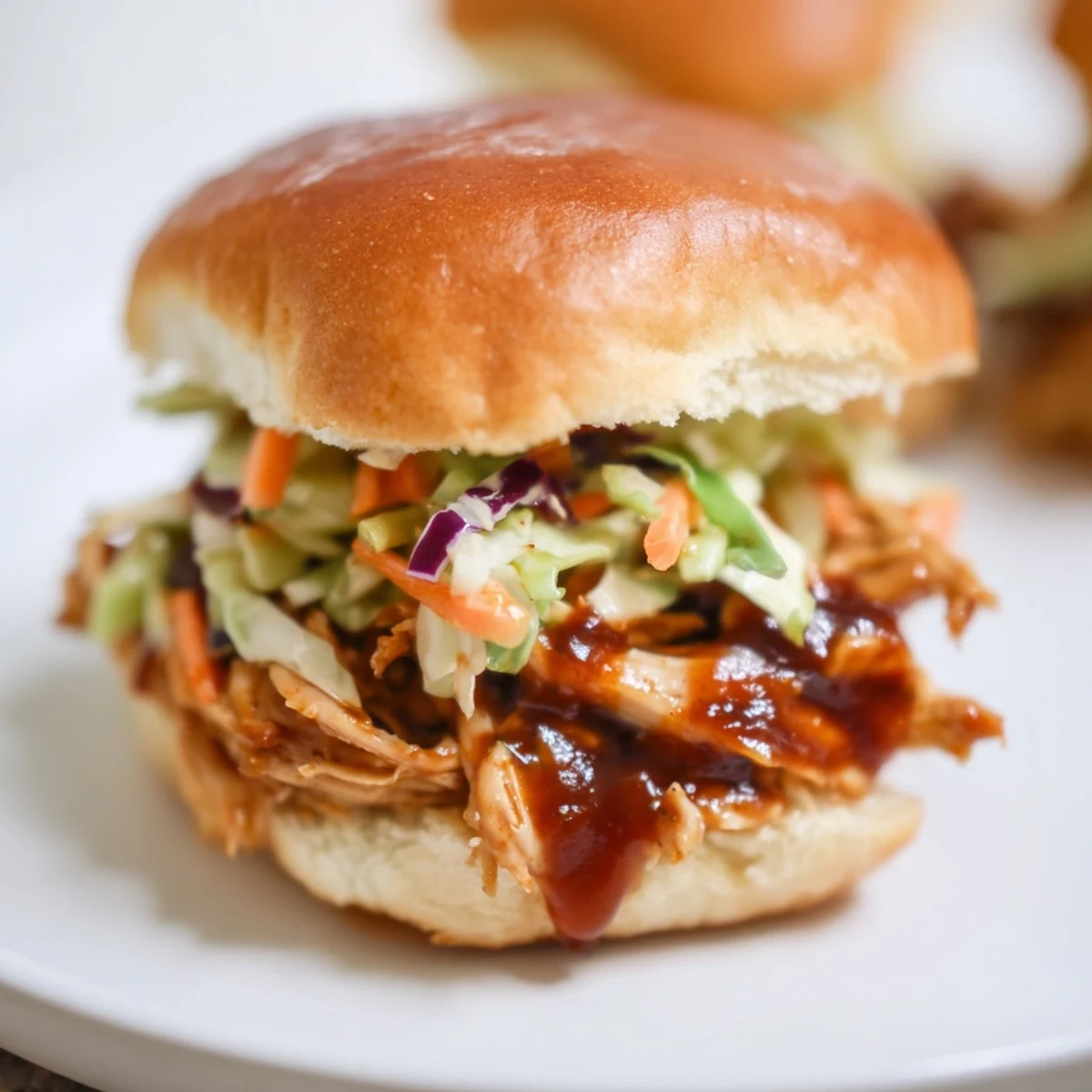 Golden BBQ chicken sliders stacked on a platter with crunchy slaw spilling over the edges.  