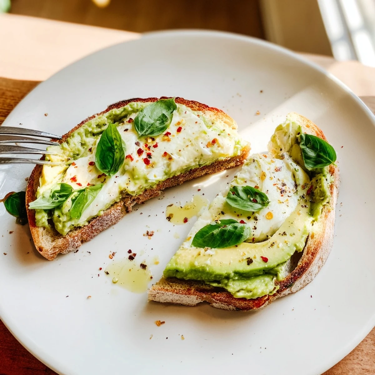 Perfectly golden sourdough slices are topped with creamy smashed avocado and bubbling melted mozzarella, finished with fresh basil and a drizzle of olive oil in this Avocado Mozzarella Tartine.
