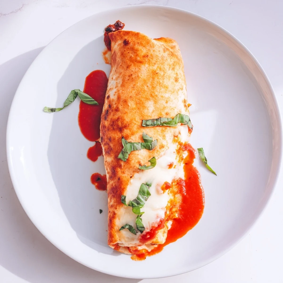 A handheld Crispy Chicken Parm Wrap, featuring golden fried chicken, rich tomato sauce, and gooey cheese nestled in a soft burrito-sized tortilla.  