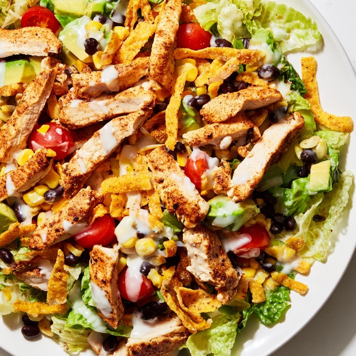 Serving suggestion for Crunchy Taco Chicken Salad drizzled with creamy lime dressing alongside a colorful Tex-Mex meal.