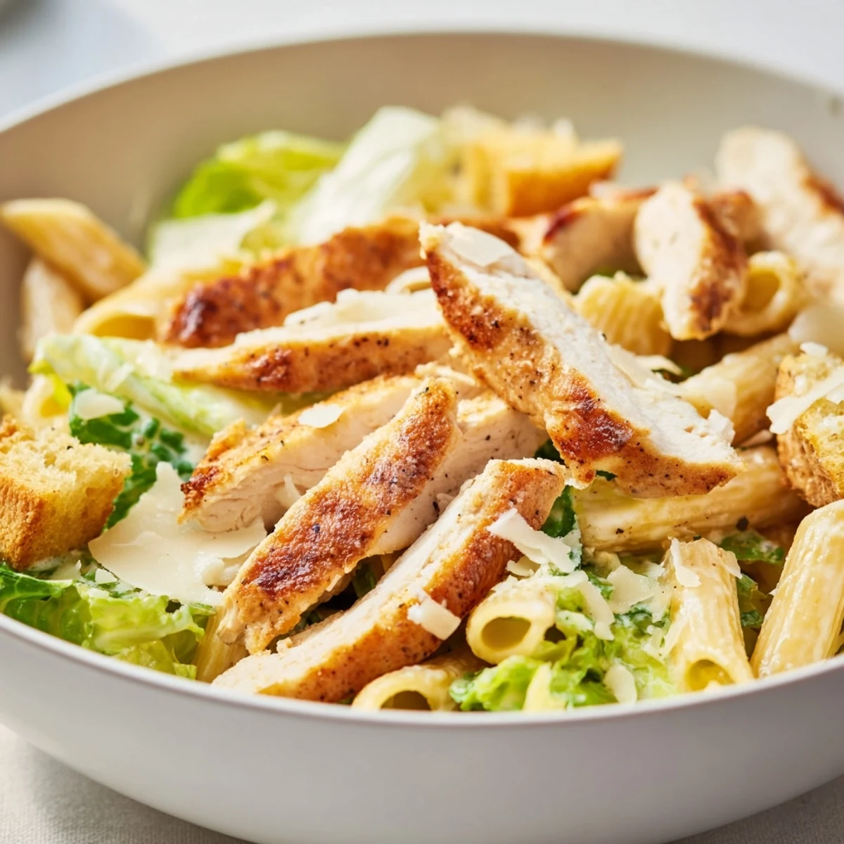 A close-up of Caesar Pasta Chicken Bowl featuring grilled chicken strips, al dente pasta, crisp romaine, and creamy dressing.  