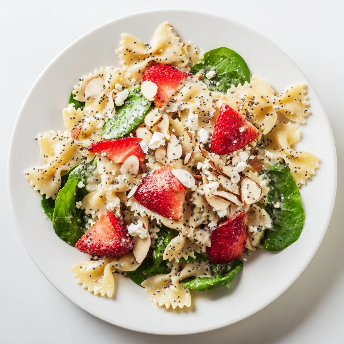A vibrant bowl of Spring Spinach Strawberry Pasta Salad with bow-tie pasta, fresh baby spinach, and sliced strawberries tossed in a tangy poppy seed dressing.