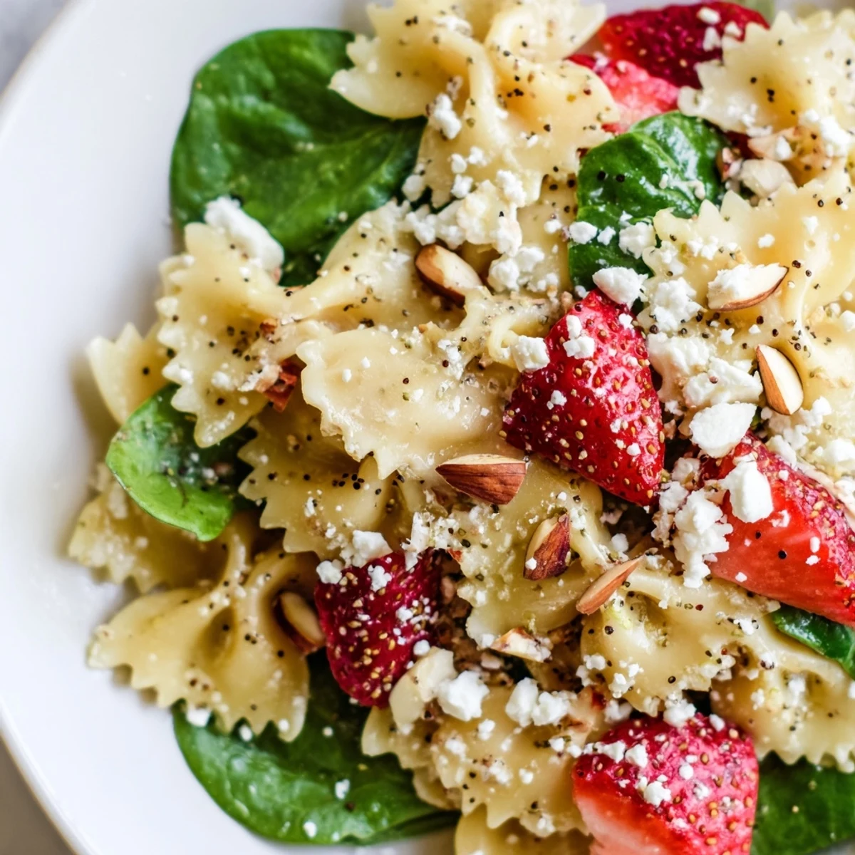 Spring Spinach Strawberry Pasta Salad served chilled, featuring tender farfalle pasta, sweet strawberries, crisp spinach, and toasted almonds for a refreshing lunch.