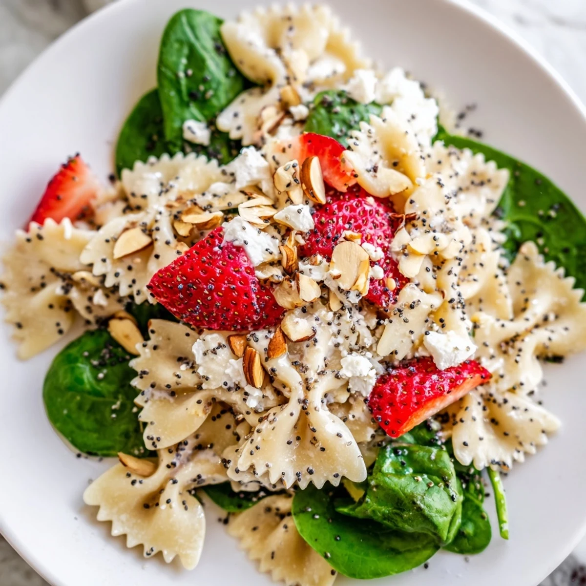 Close-up of a colorful Spring Spinach Strawberry Pasta Salad garnished with fresh basil and feta cheese, ideal for spring and summer gatherings.