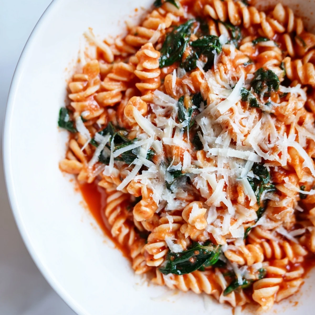 Colorful close-up of Tomato Spinach One-Pot Rotini in a skillet, highlighting the tender spinach and juicy diced tomatoes simmered in savory broth.