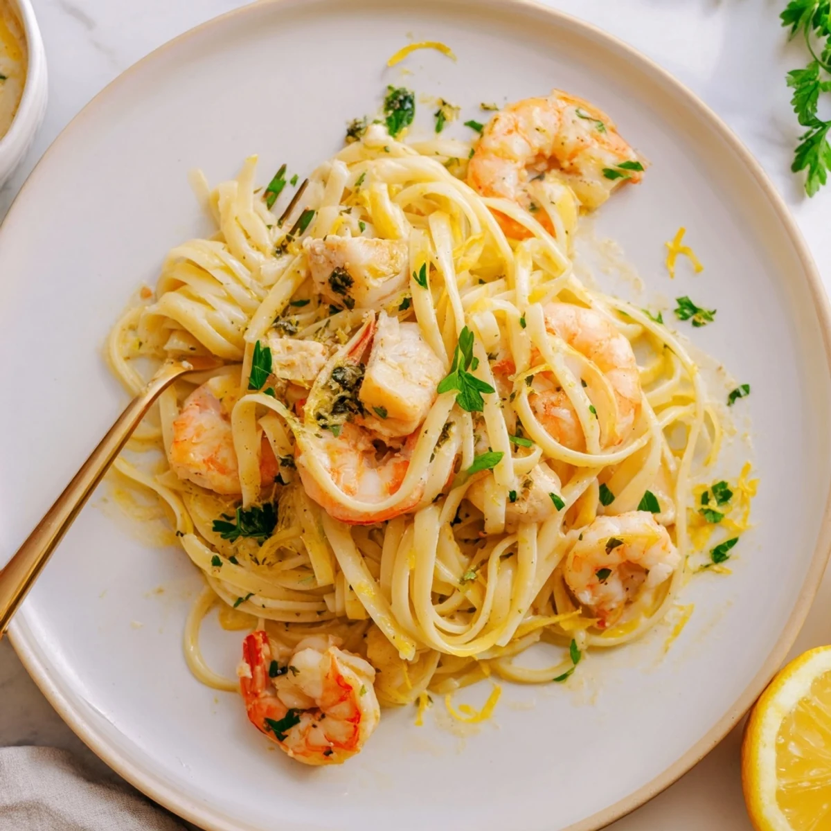 Perfectly cooked linguine coated in a bright lemon-garlic butter sauce, mingling with tender shrimp and golden chicken pieces for a vibrant surf-and-turf dinner.  