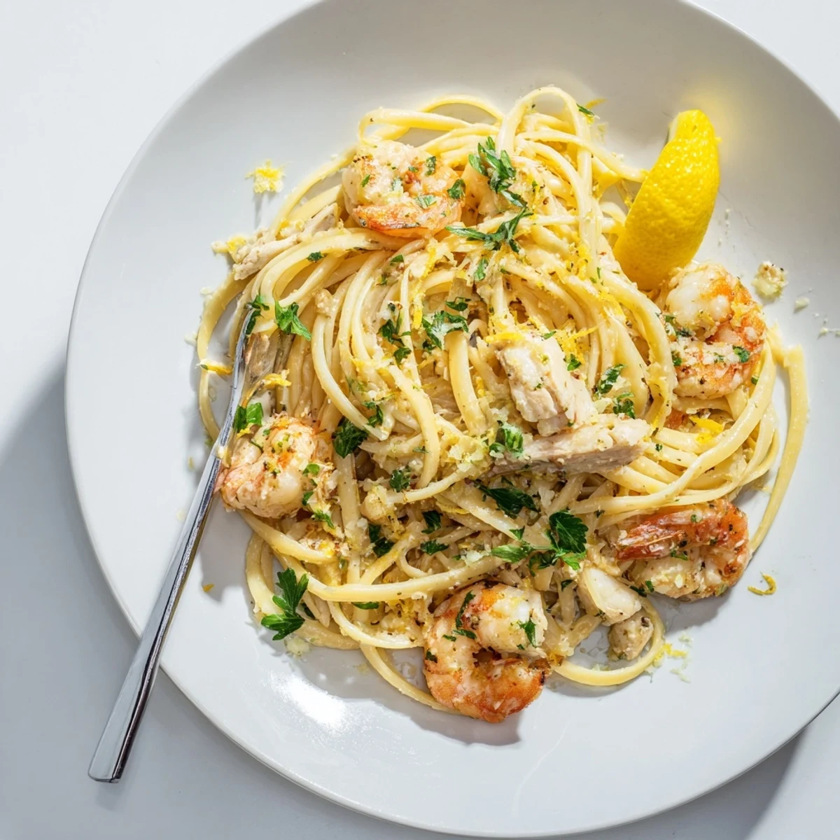 Steam rises from a hearty serving of Lemon Garlic Shrimp & Chicken Pasta, featuring succulent shrimp and juicy chicken tossed in a savory, aromatic sauce.