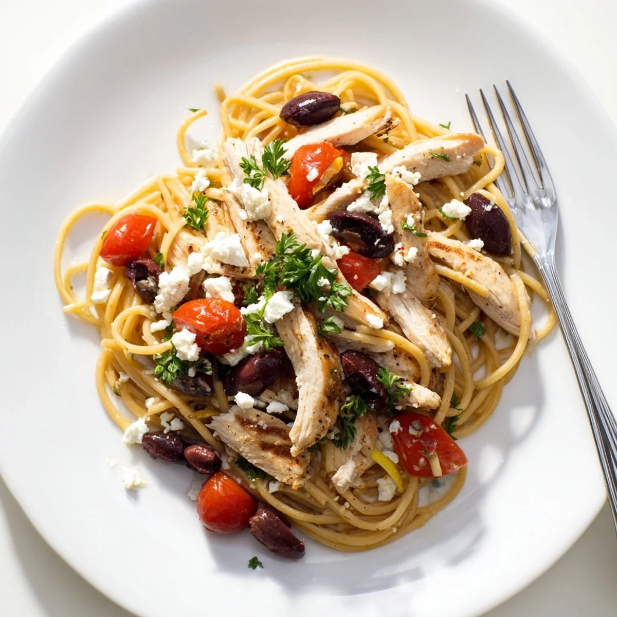 Colorful Greek Chicken Spaghetti features grilled chicken, cherry tomatoes, and Kalamata olives tossed in al dente pasta.  