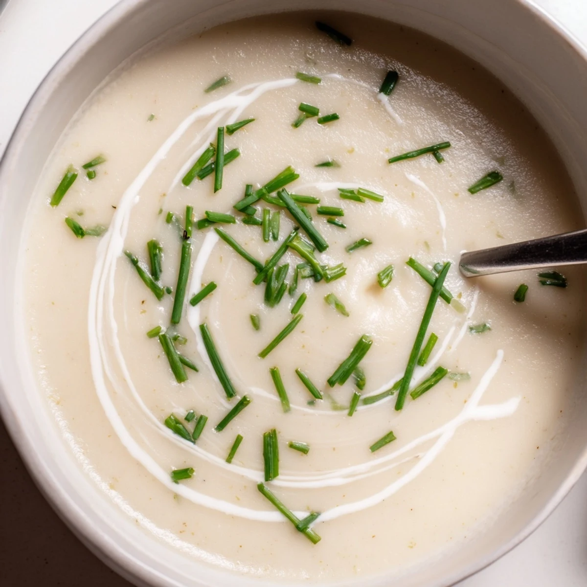 Velvety celery root bisque topped with microgreens, ideal for elegant French-inspired dinners.