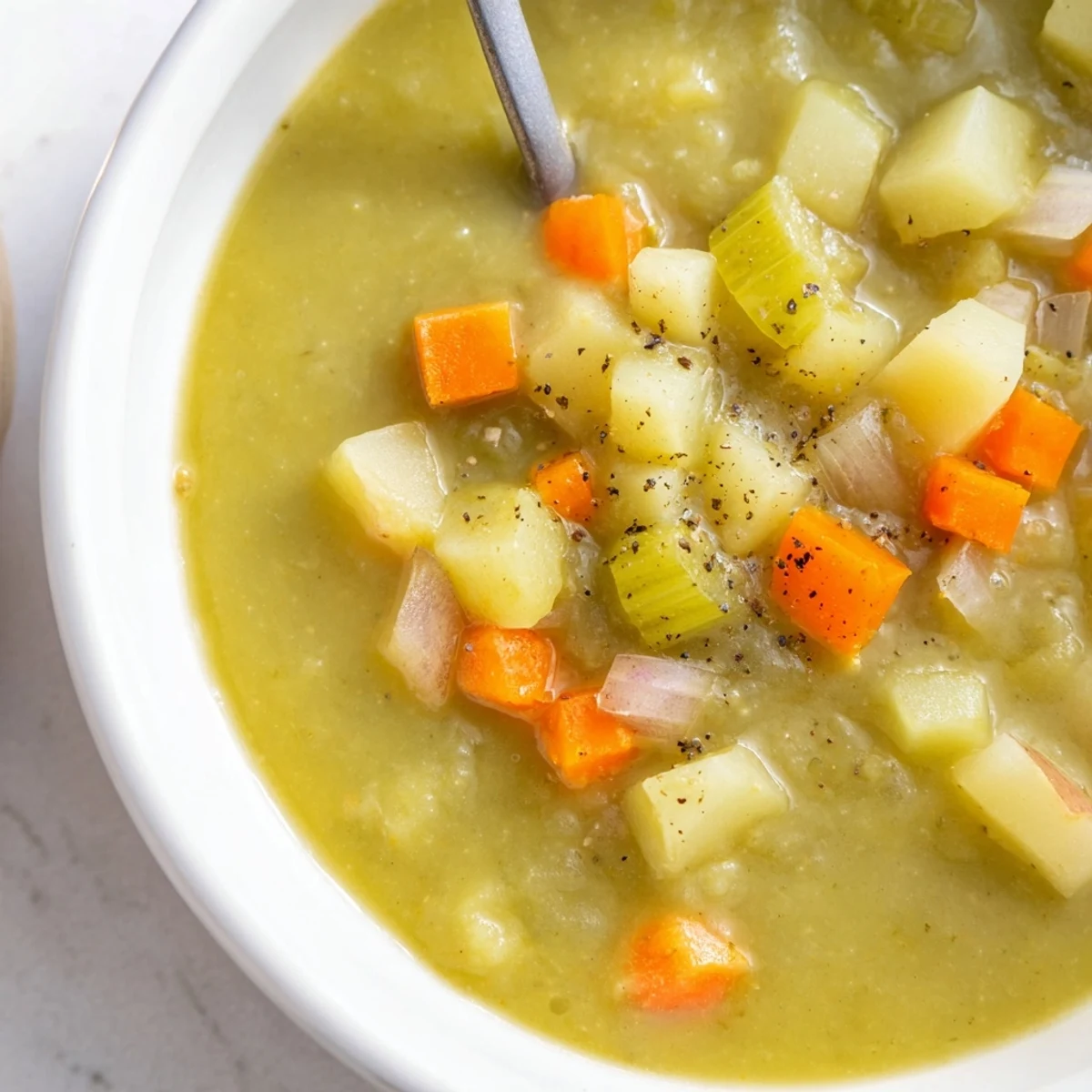 Hearty split pea soup, a steaming bowl of comfort with tender vegetables and smoky ham.