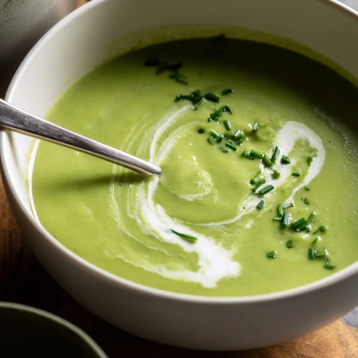 A hearty bowl of Creamy Broccoli Soup, blending tender broccoli florets and carrots, served with a side of crusty artisan bread.  