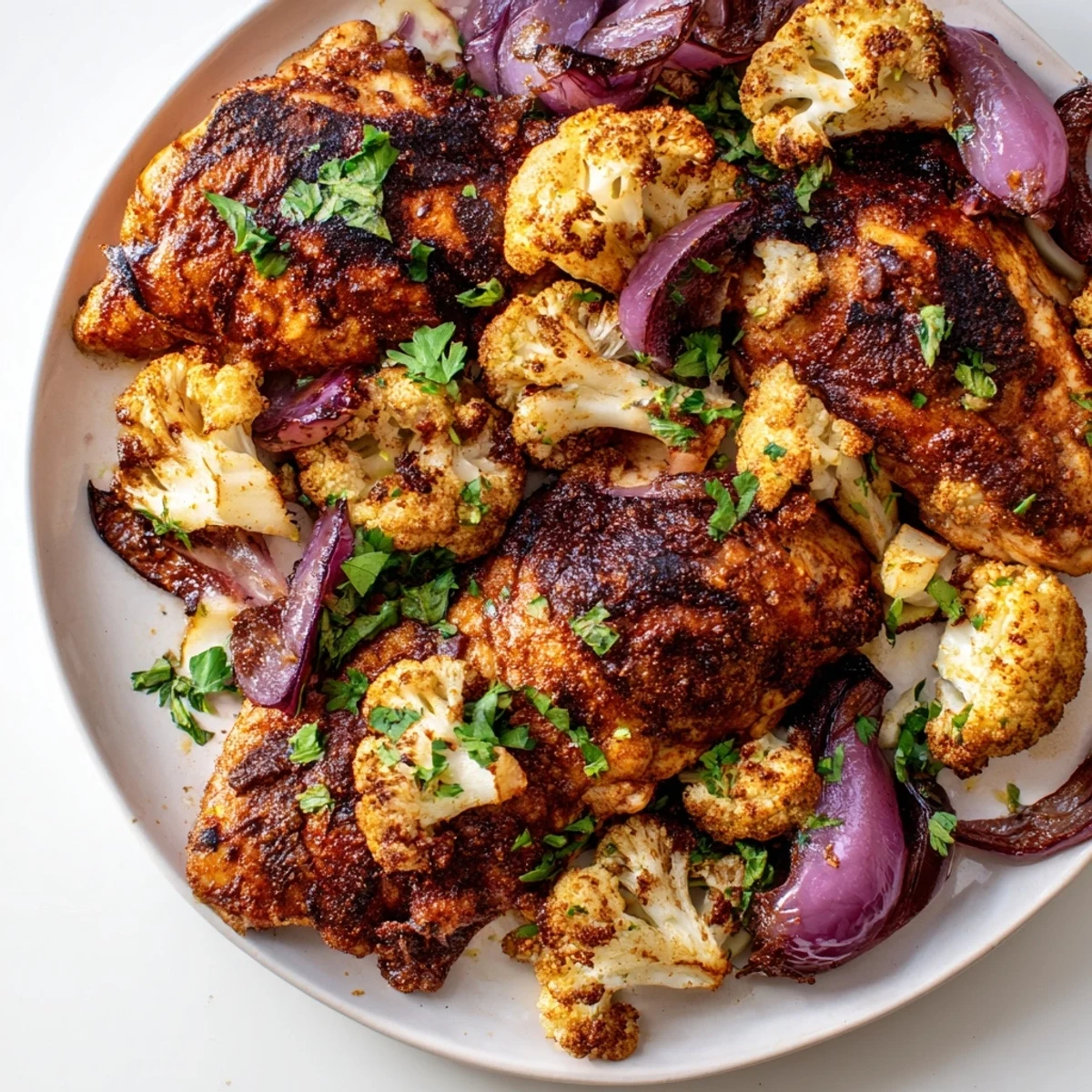 Golden roasted chicken thighs and cauliflower florets on a sheet pan, seasoned with smoked paprika and cumin, served over fluffy basmati rice.