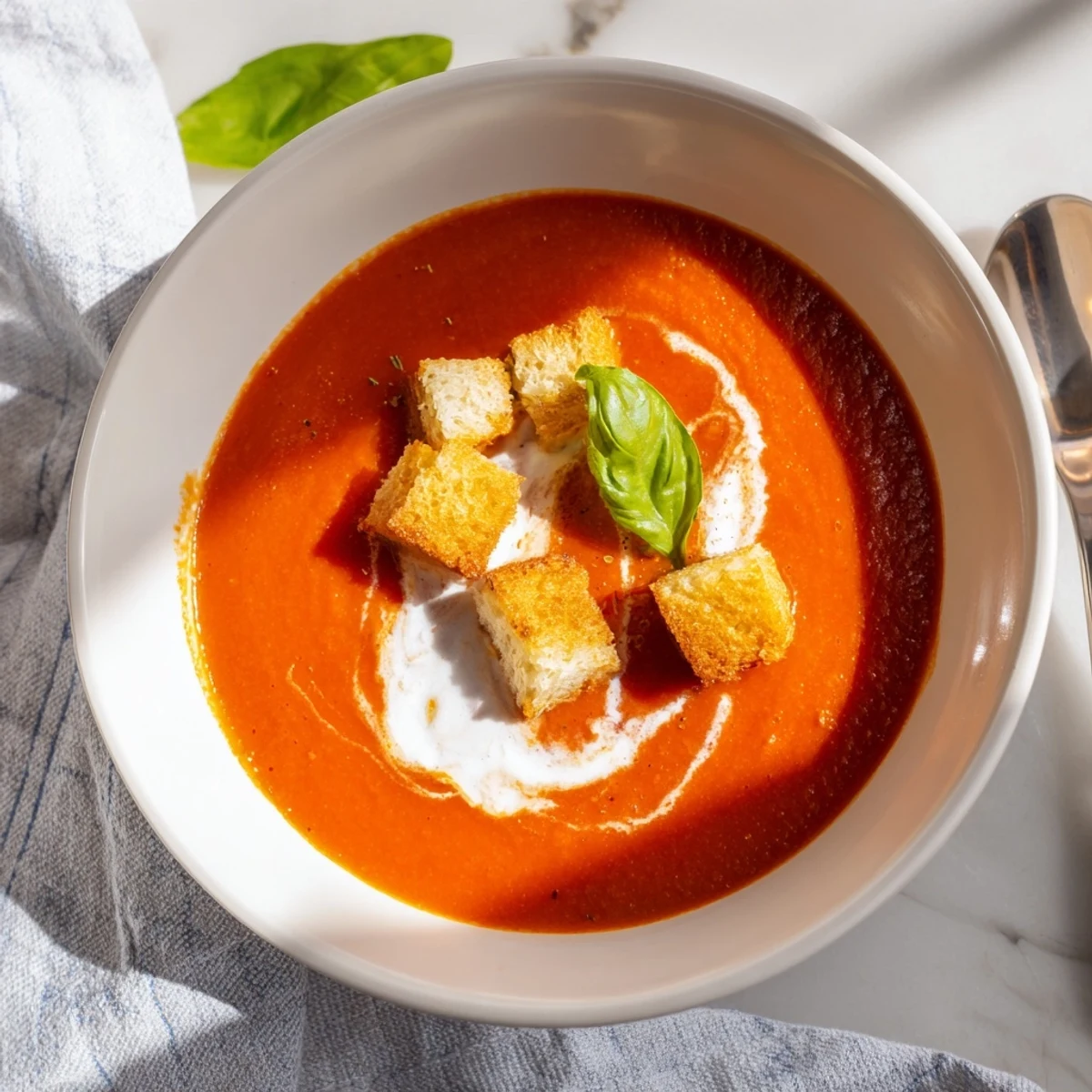 A vibrant bowl of creamy Roasted Tomato Soup topped with crunchy garlic croutons.  