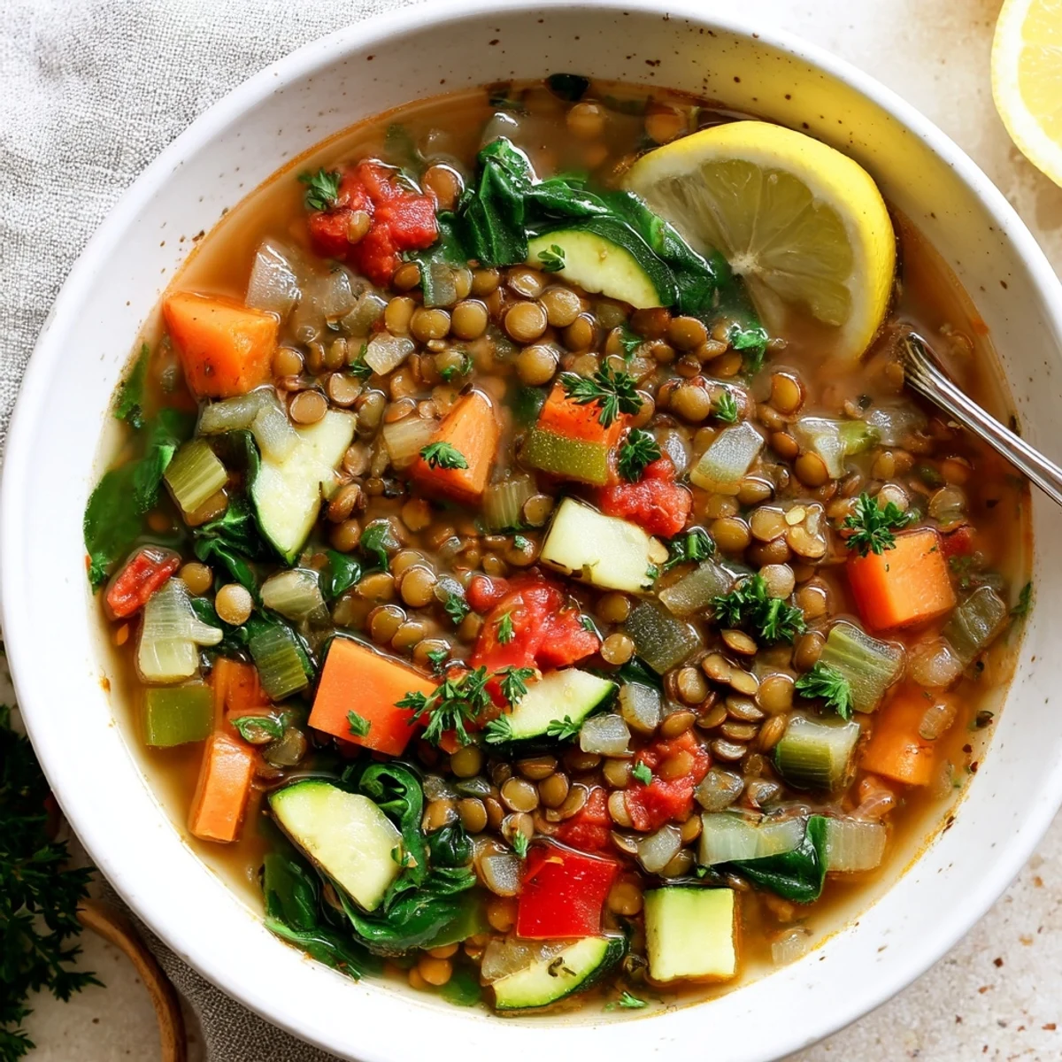 A steaming bowl of Lentil and Vegetable Soup with tender carrots, celery, and fresh spinach, served with crusty bread for dipping.