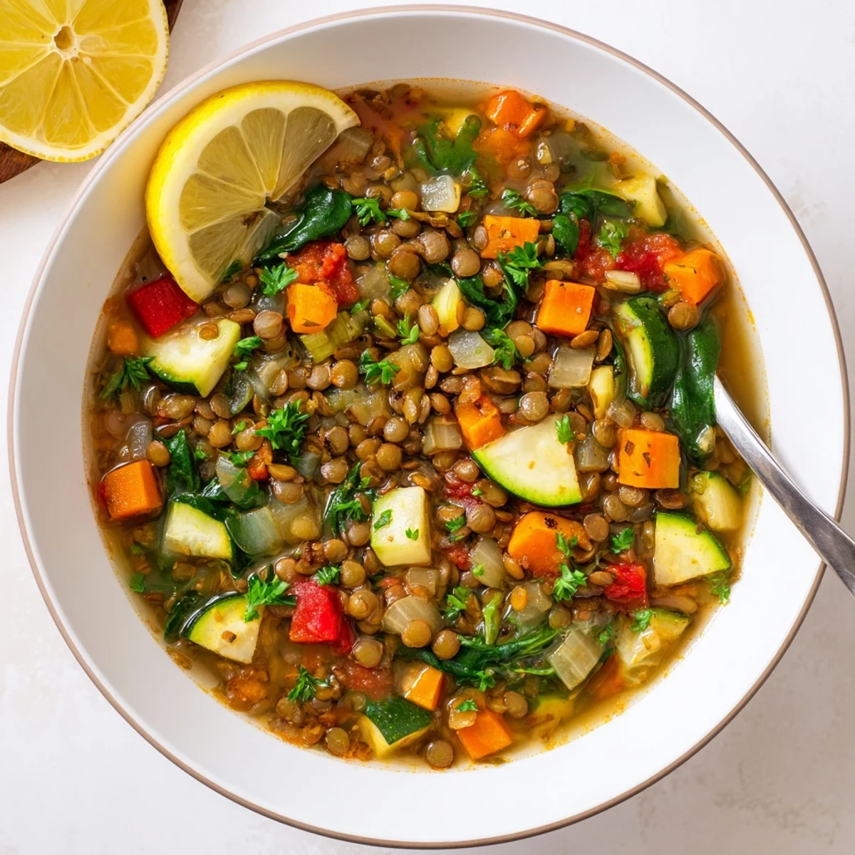 Warm, aromatic Lentil and Vegetable Soup simmering on the stove, brimming with colorful vegetables and fragrant spices, ready to ladle into bowls.