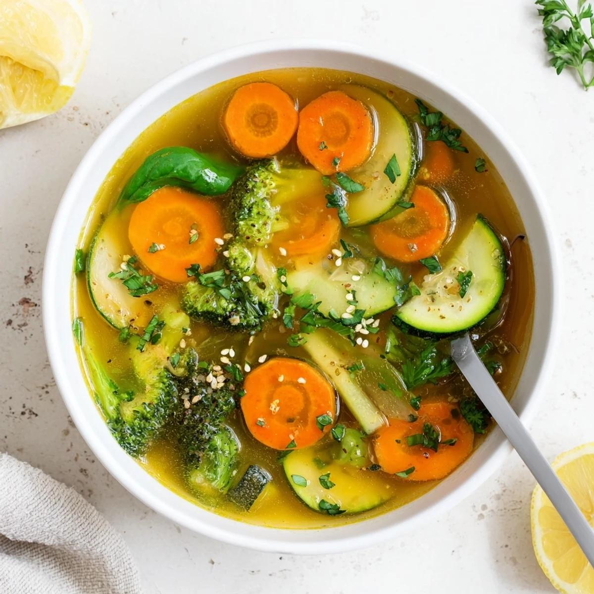 A vibrant Collagen-Boosting Broth Bowl with steamed broccoli, carrots, and zucchini swimming in golden turmeric-infused bone broth, topped with fresh parsley and lemon wedges.