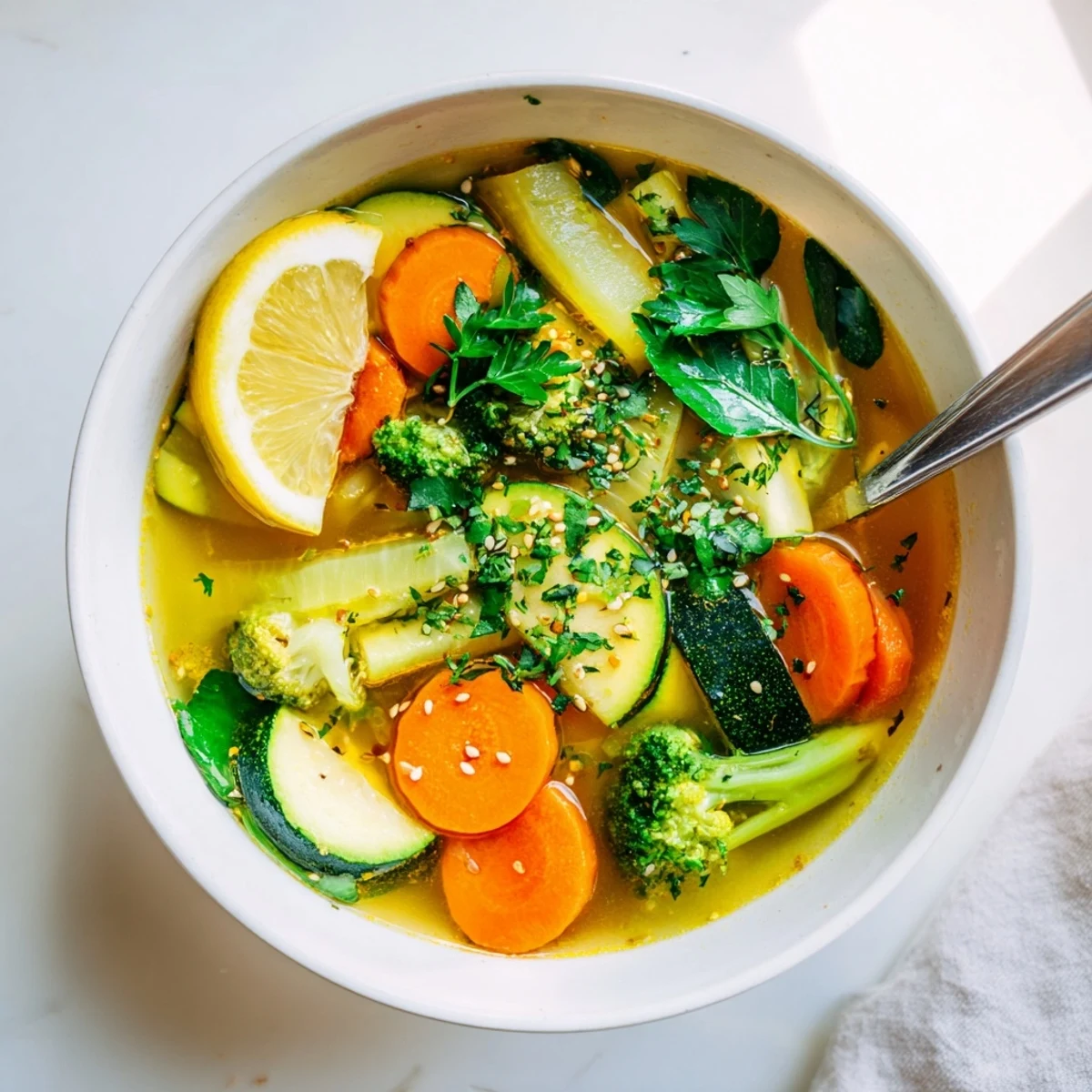 Hearty, steaming bowl of Collagen-Boosting Broth featuring tender carrots, celery, and spinach in a rich, aromatic bone broth garnished with sesame seeds and cilantro.