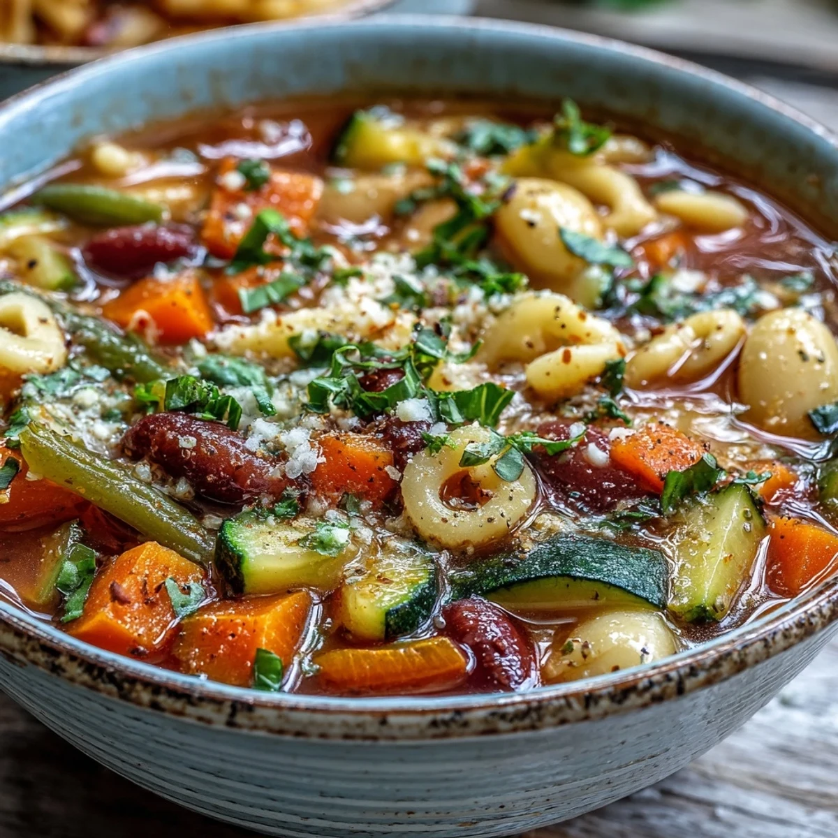 Hearty Minestrone Vegetable Soup, steaming hot with fresh herbs and colorful veggies.