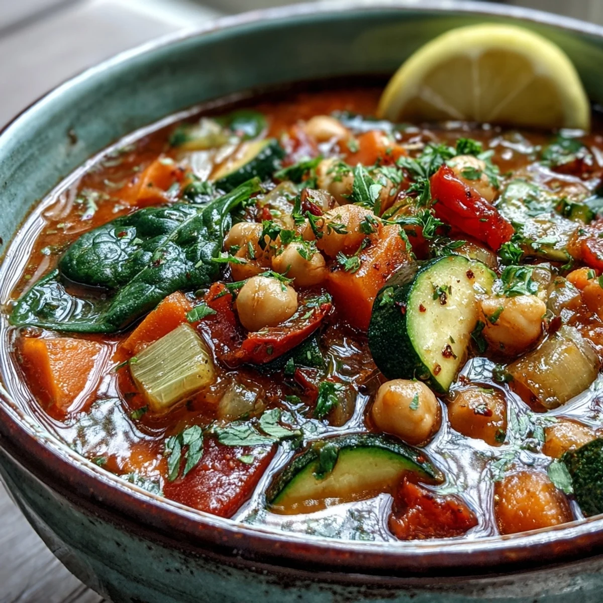 Freshly cooked Chickpea Stew served in a rustic bowl, topped with parsley and bright lemon wedges for squeezing.