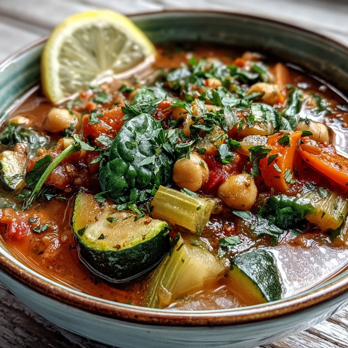 Chickpea Stew simmering in a pot, filled with colorful vegetables, spinach, and fresh parsley garnish, ready to serve.
