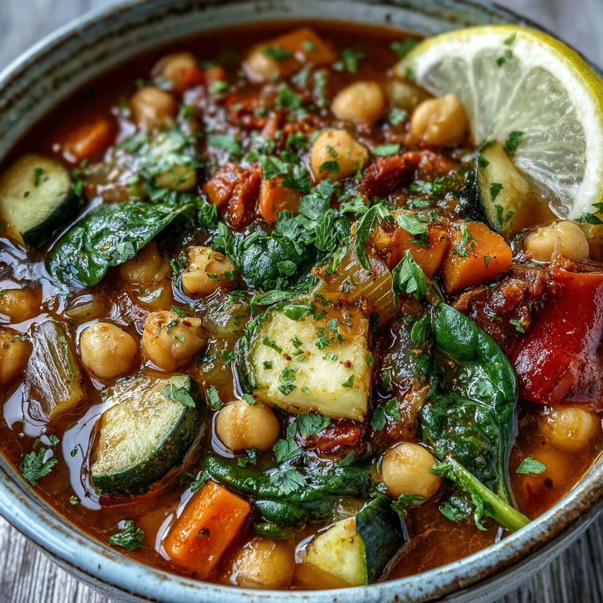 Large pot of Chickpea Stew with tender chickpeas, zucchini, and red bell pepper, steaming on the stovetop.
