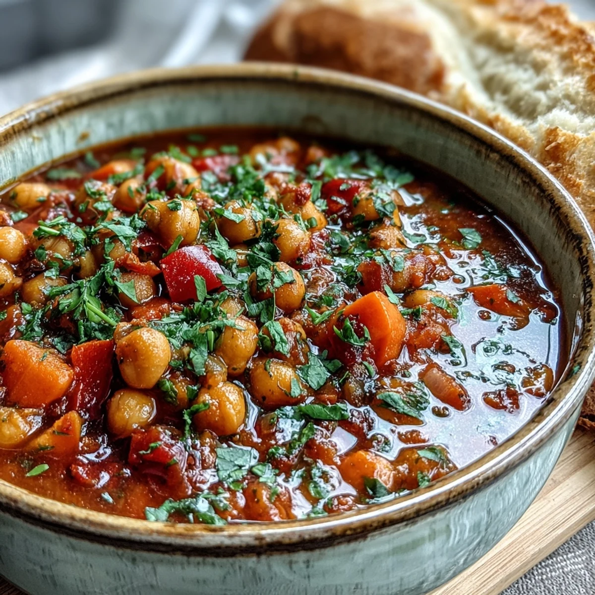 Hearty Spicy Chickpea Stew served over fluffy rice with a swirl of yogurt and fresh herbs.