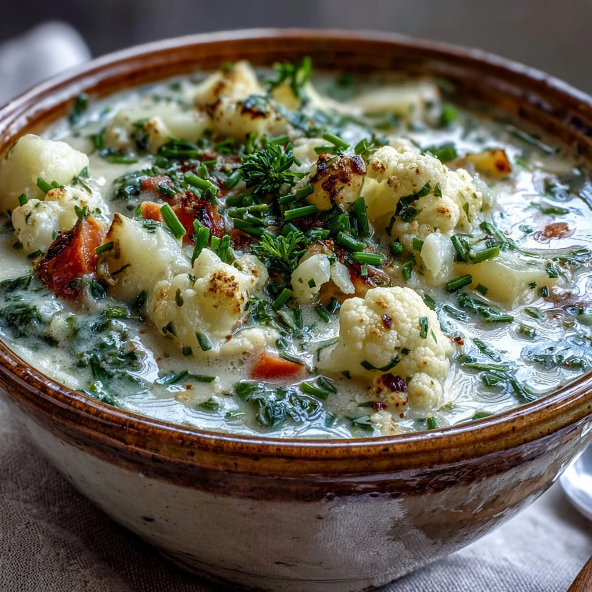 Vegetarian Cauliflower Chowder simmering in a pot with chopped cauliflower, potatoes, and carrots, steam rising from the surface.