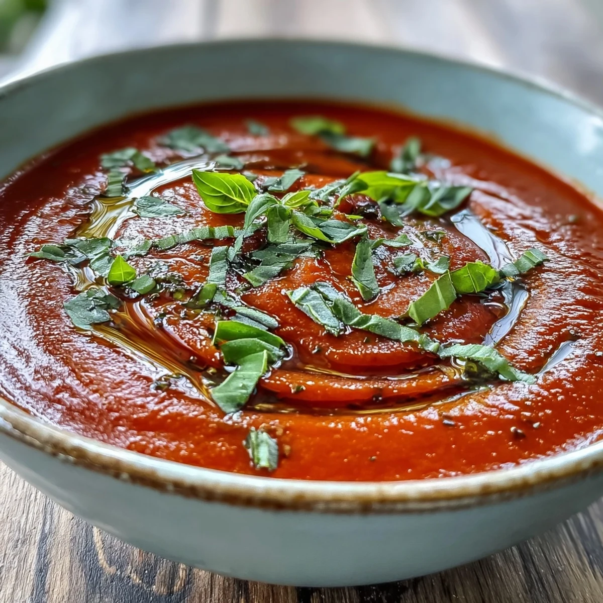 Vibrant red Tomato and Basil Soup topped with fresh basil leaves and a drizzle of olive oil.